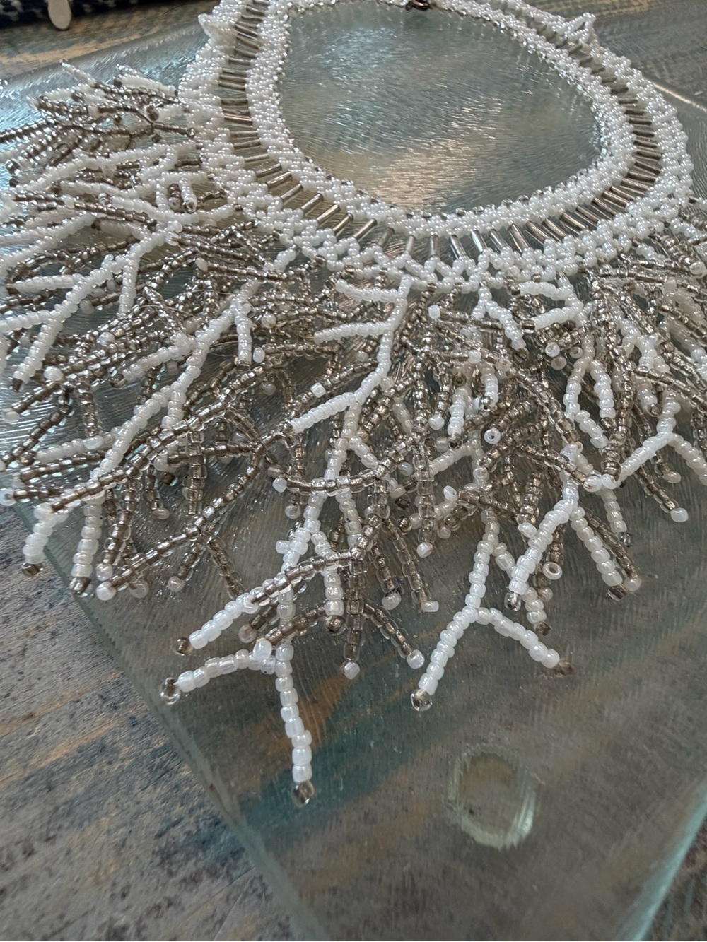 Mermaidcore White & Silver Beaded Coral Branch Fringe Statement Bib Necklace - Picture 3 of 7